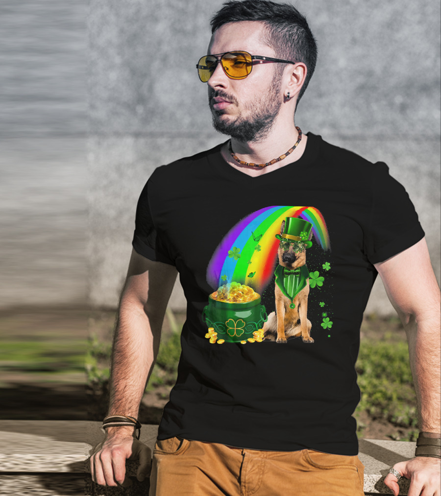 German Shepherd Irish Leprechaun Rainbow Pot Of Gold Shamrock T-Shirt