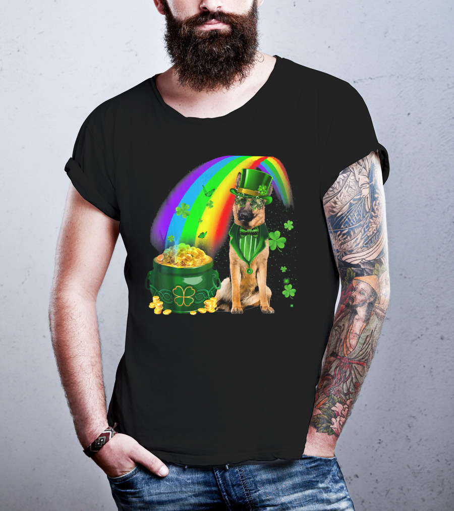 German Shepherd Irish Leprechaun Rainbow Pot Of Gold Shamrock T-Shirt