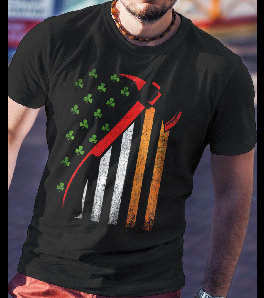Firefighter Irish American Flag St Patrick's Day Axe Shamrock T-Shirt