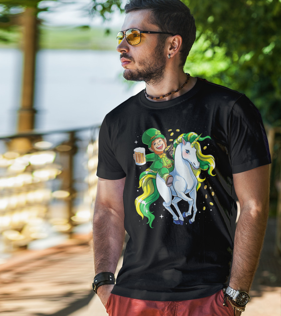 Leprechaun Riding Unicorn With Beer And Coins T-Shirt