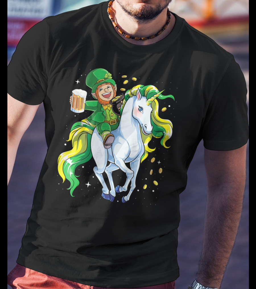 Leprechaun Riding Unicorn With Beer And Coins T-Shirt
