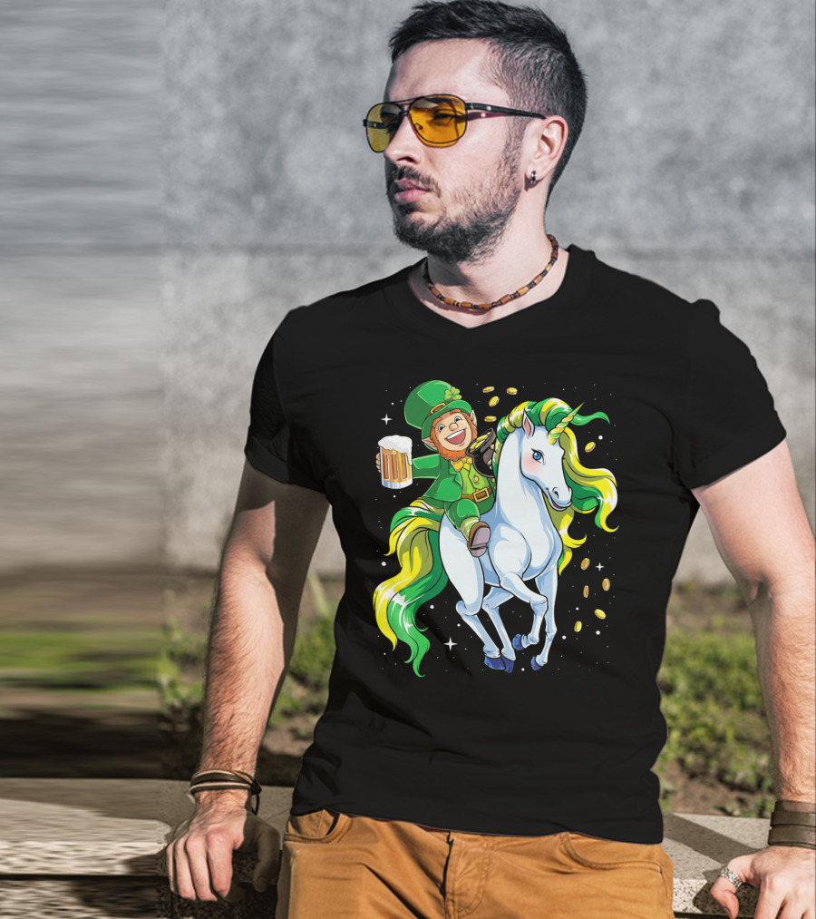 Leprechaun Riding Unicorn With Beer And Coins T-Shirt