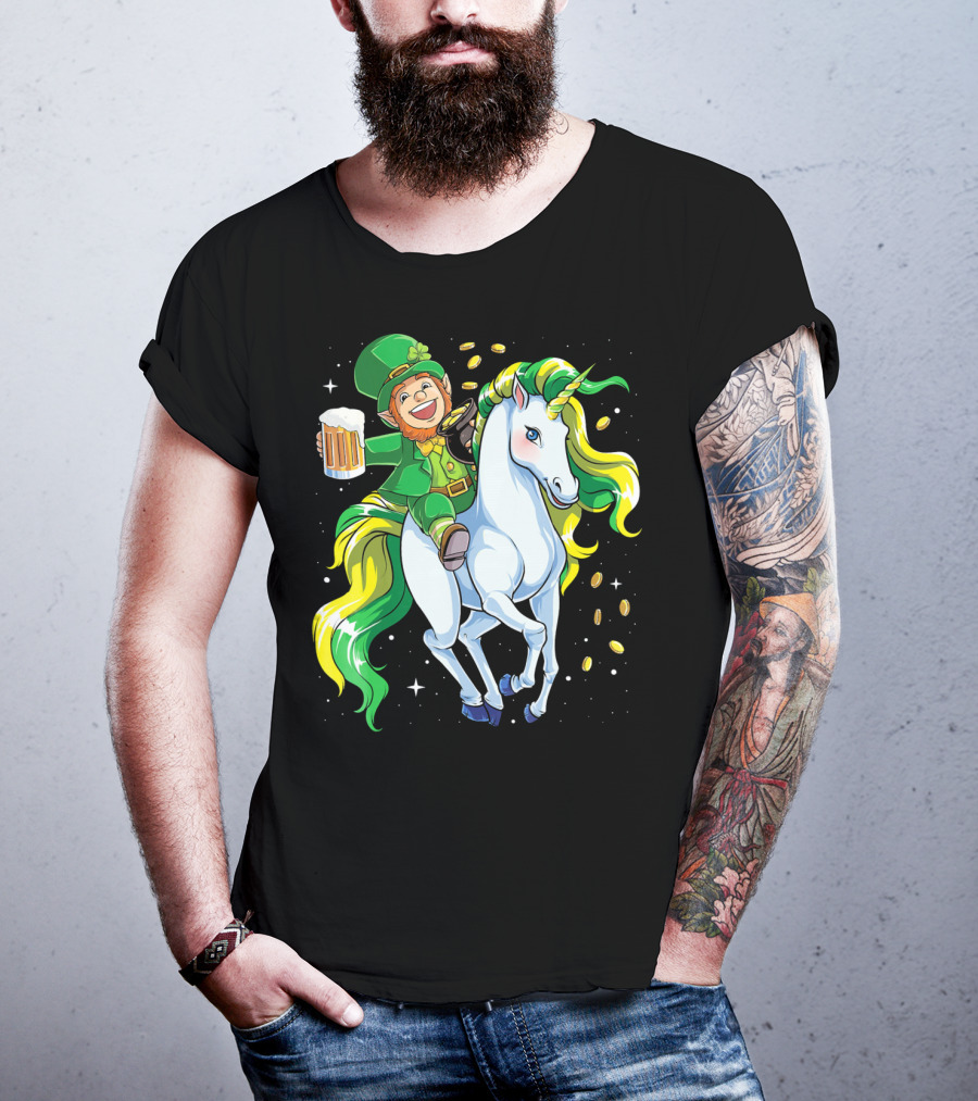 Leprechaun Riding Unicorn With Beer And Coins T-Shirt