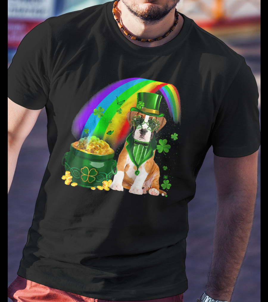 Boxer Dog Irish Leprechaun Coin Rainbow Clover Saint Patrick's Day T-Shirt
