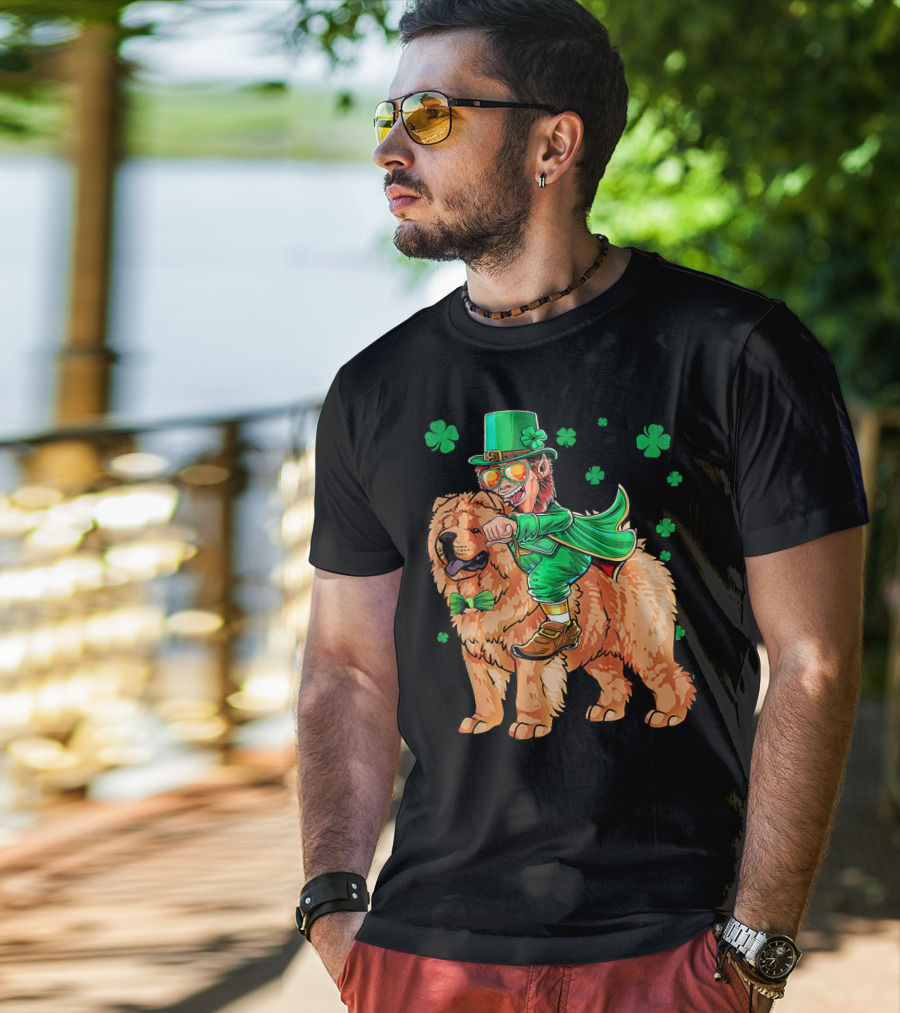 Leprechaun Riding Chow Chow With Shamrocks St. Patrick's Day T-Shirt