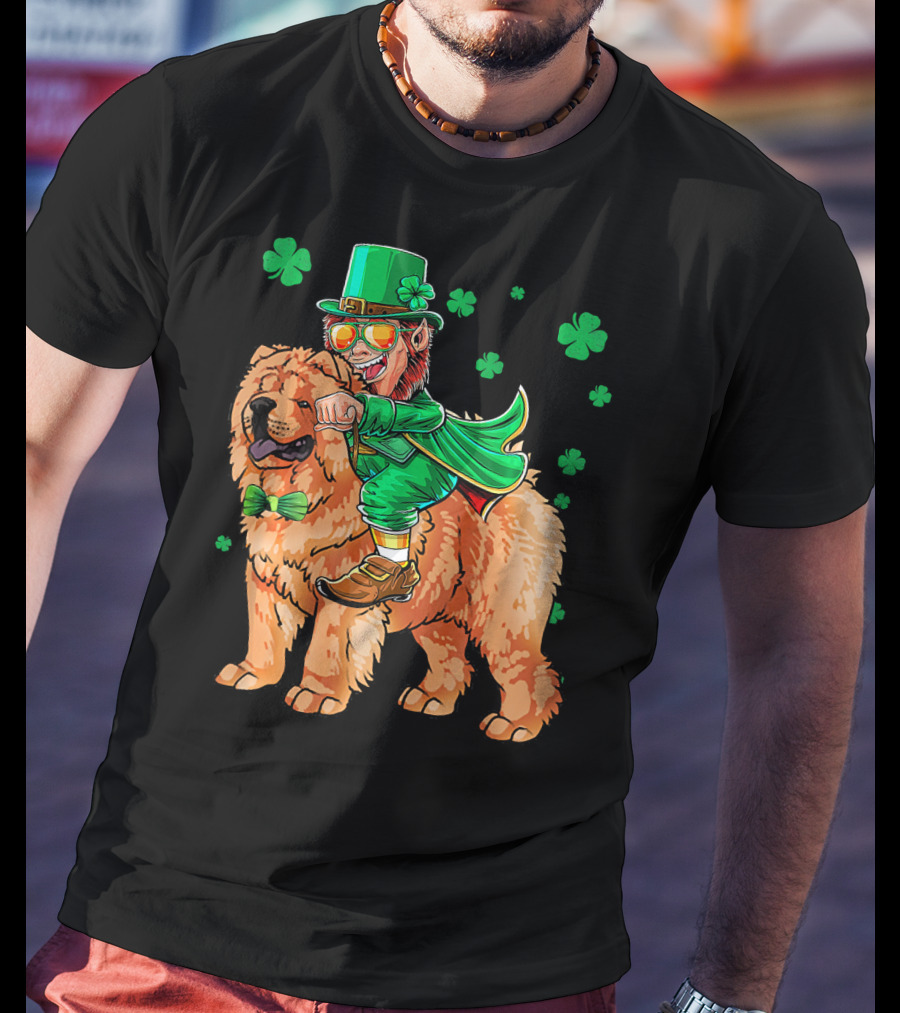 Leprechaun Riding Chow Chow With Shamrocks St. Patrick's Day T-Shirt