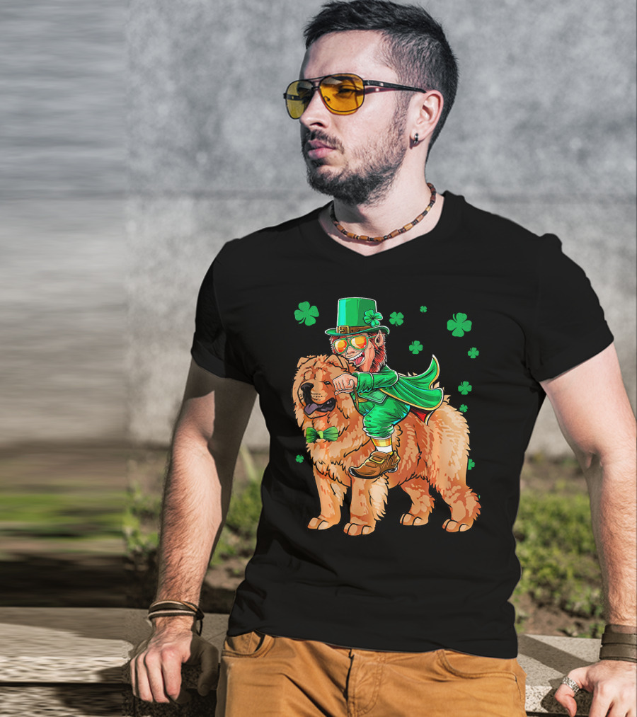 Leprechaun Riding Chow Chow With Shamrocks St. Patrick's Day T-Shirt