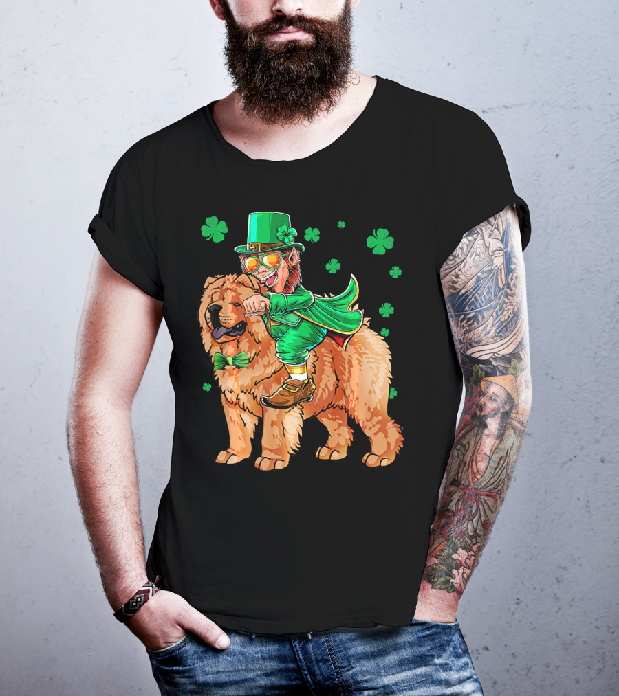 Leprechaun Riding Chow Chow With Shamrocks St. Patrick's Day T-Shirt