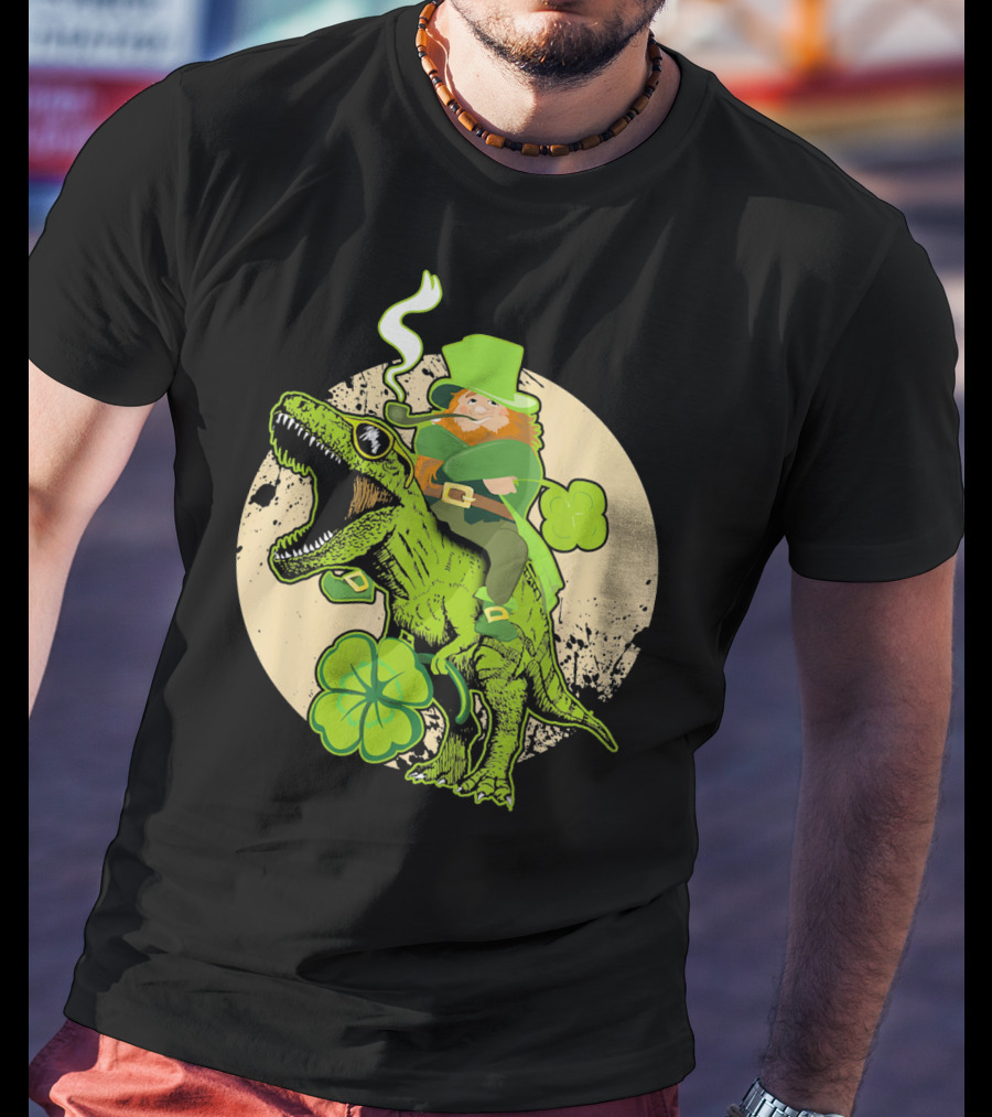 St Patricks Day Leprechaun Riding Dinosaur With Shamrocks T-Shirt