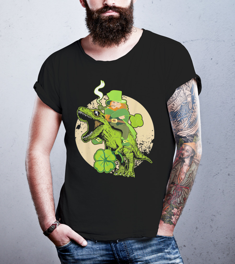 St Patricks Day Leprechaun Riding Dinosaur With Shamrocks T-Shirt