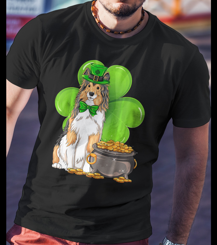 Shetland Sheepdog St Patricks Day Leprechaun Clover And Pot Of Gold T-Shirt