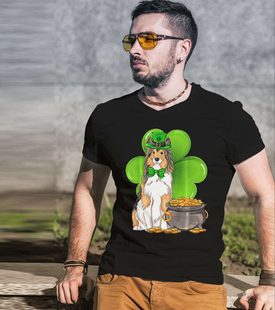 Shetland Sheepdog St Patricks Day Leprechaun Clover And Pot Of Gold T-Shirt