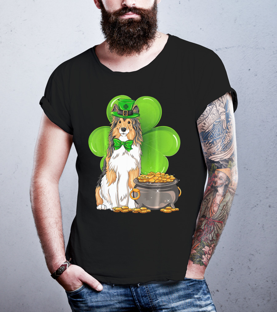 Shetland Sheepdog St Patricks Day Leprechaun Clover And Pot Of Gold T-Shirt