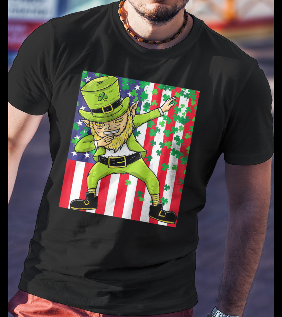 American Flag Dabbing Leprechaun St Patrick's Day Shamrocks T-Shirt