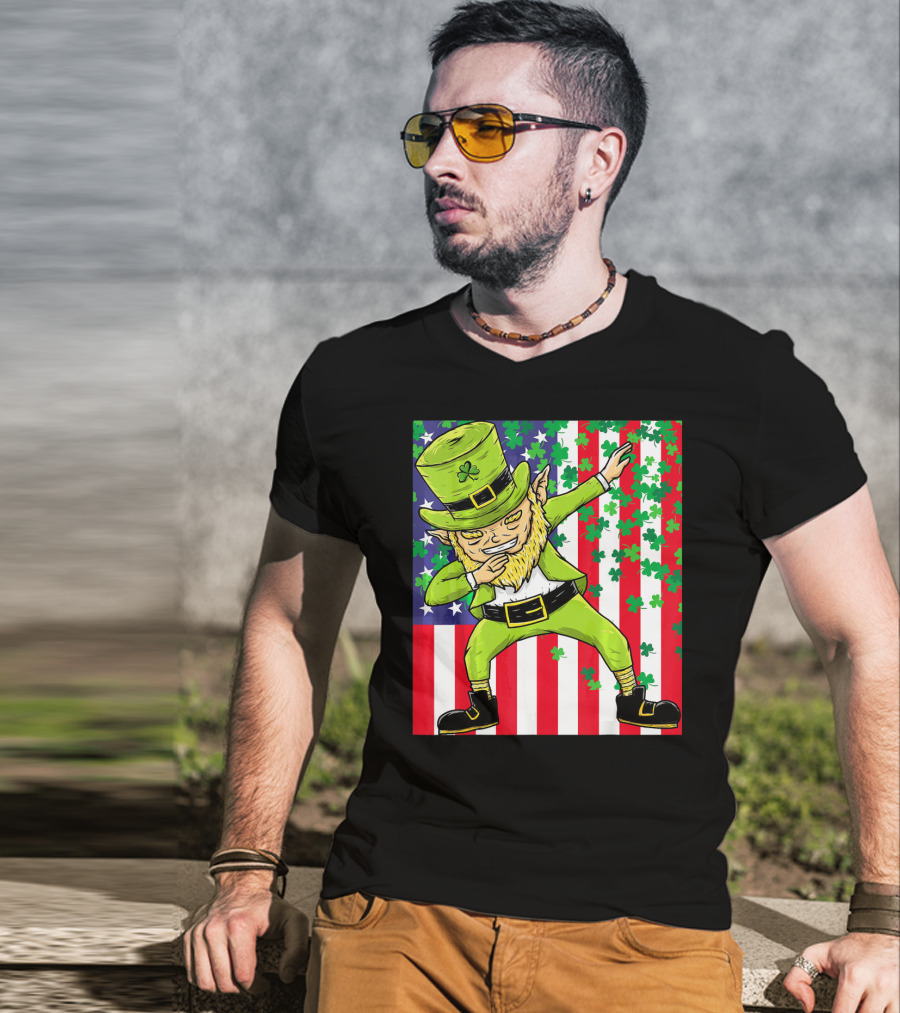 American Flag Dabbing Leprechaun St Patrick's Day Shamrocks T-Shirt