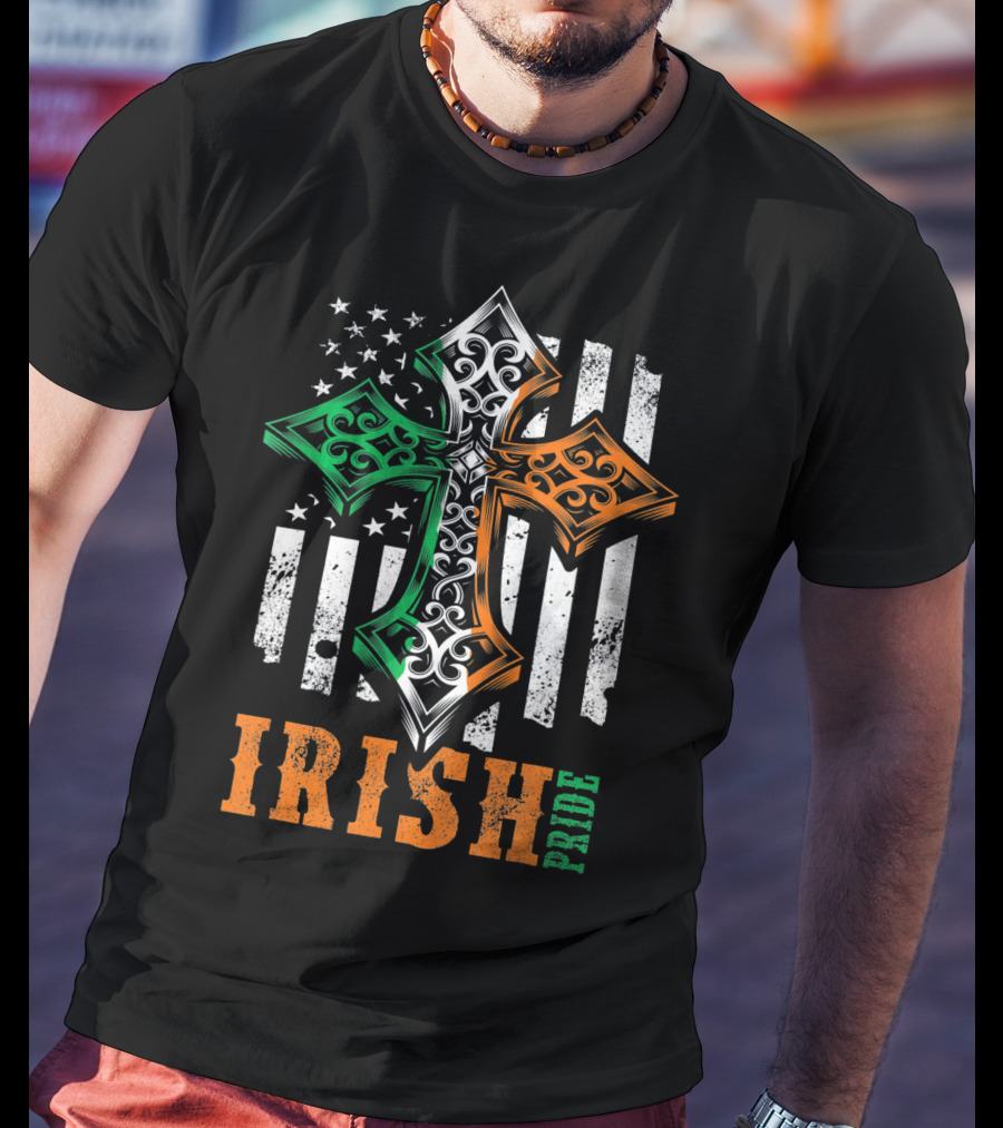 Irish Pride Celtic Cross American Flag Colors T-Shirt