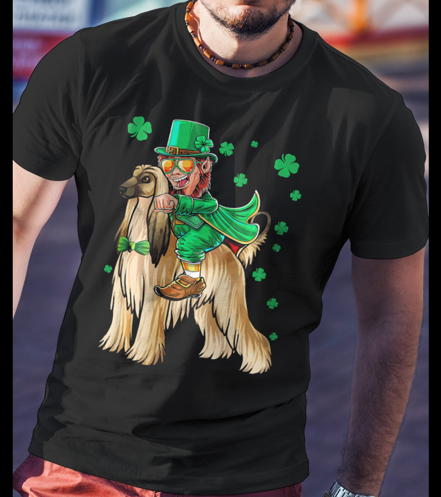 Leprechaun Riding Afghan Hound With Shamrocks St. Patrick's Day T-Shirt