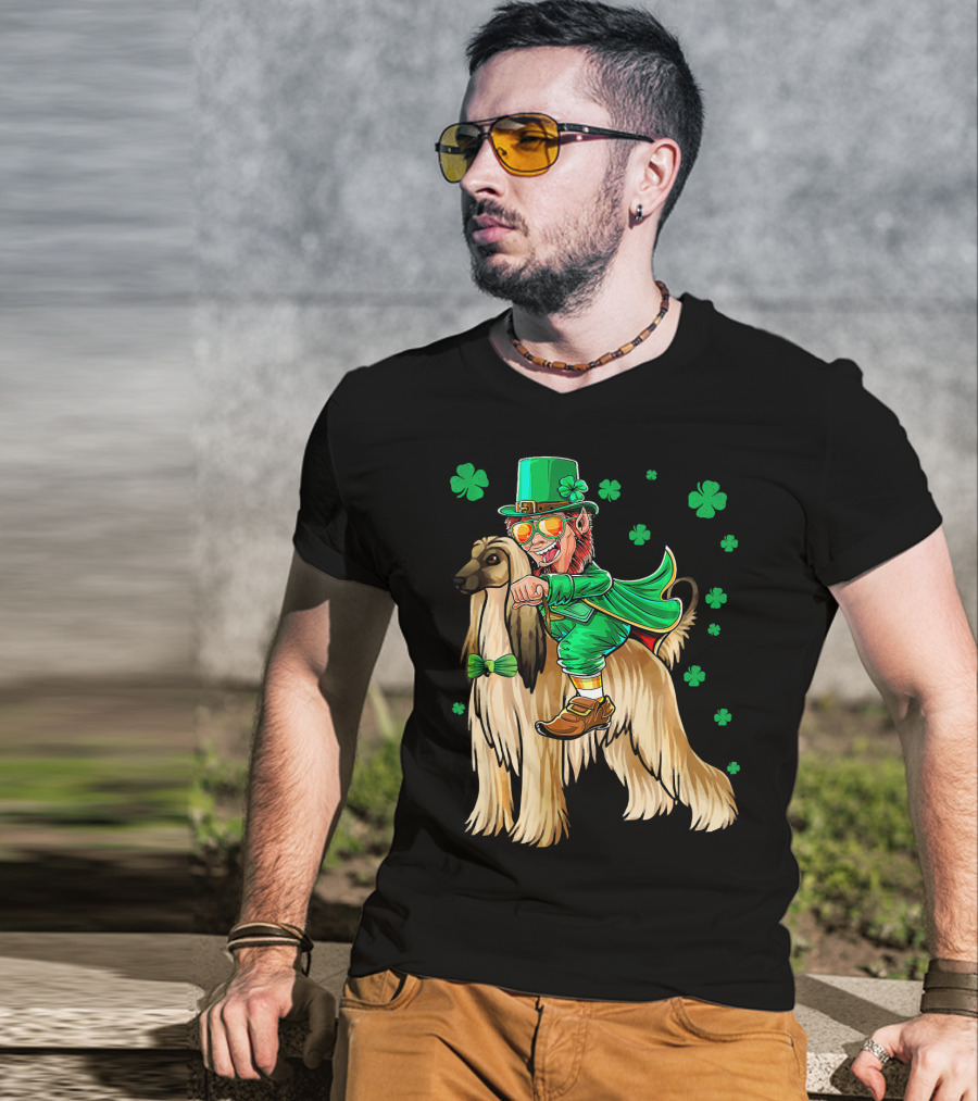Leprechaun Riding Afghan Hound With Shamrocks St. Patrick's Day T-Shirt