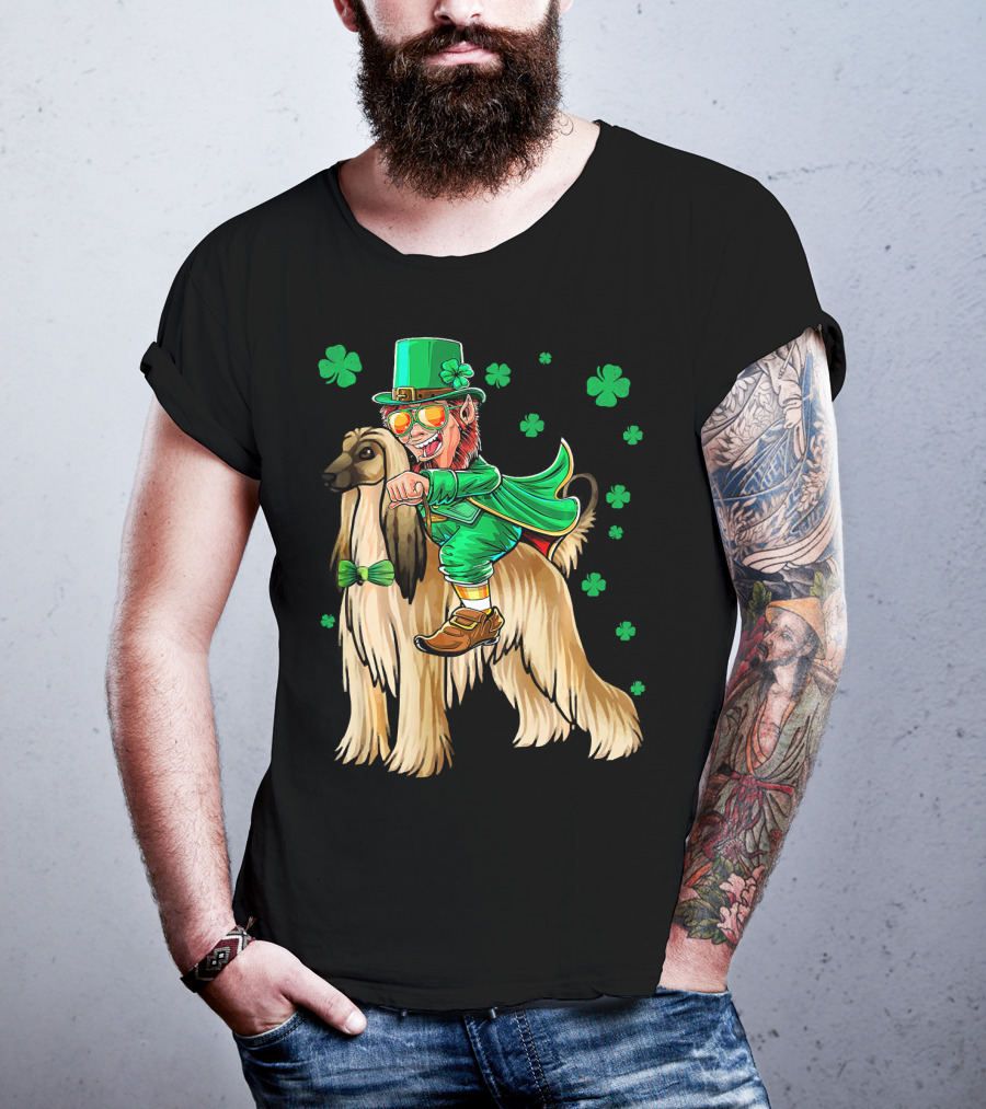 Leprechaun Riding Afghan Hound With Shamrocks St. Patrick's Day T-Shirt