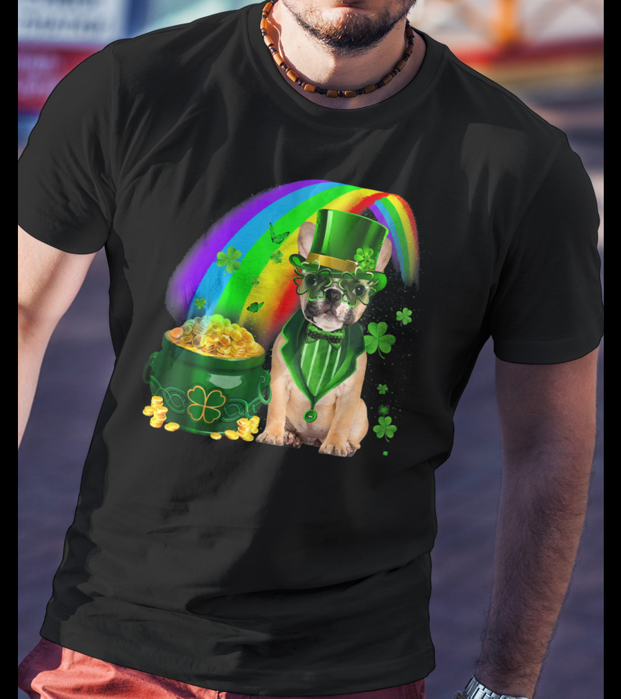 French Bulldog Irish Leprechaun With Pot Of Gold And Shamrocks T-Shirt