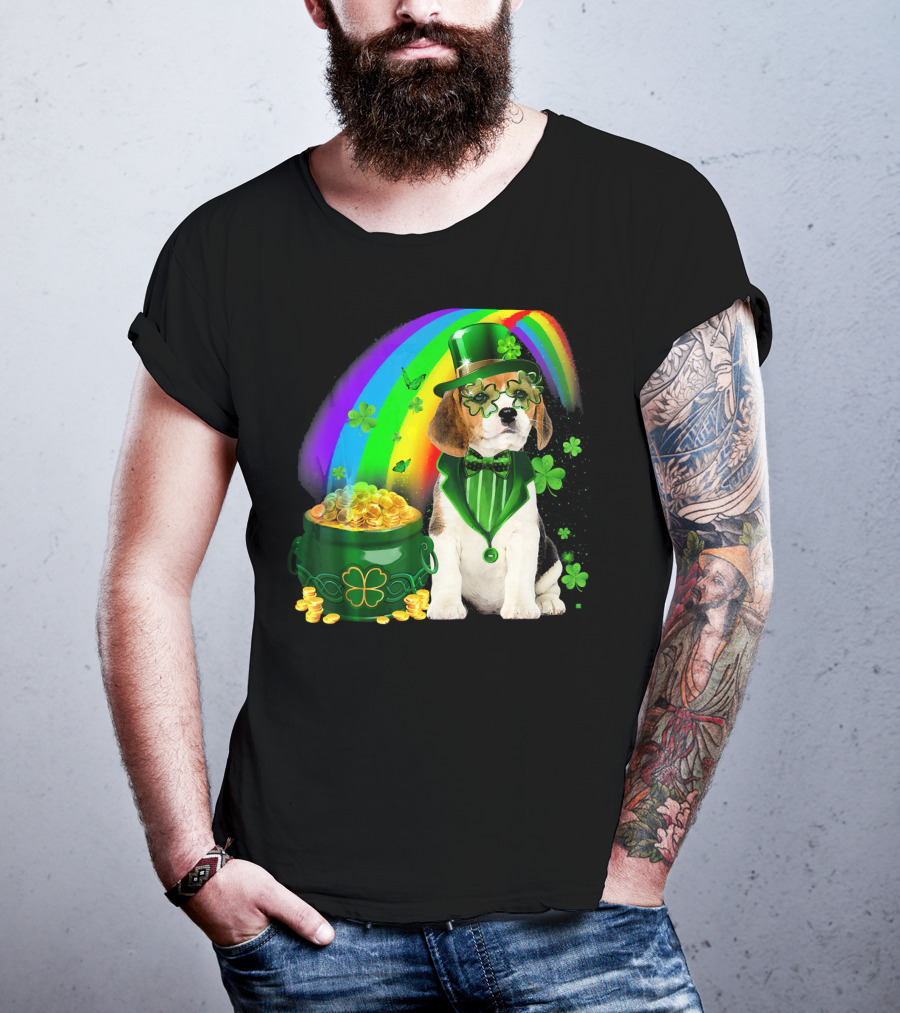 Beagle Dog Rainbow Leprechaun Hat Shamrock Coin Pot T-Shirt