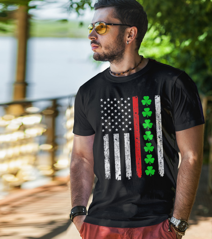 American Flag Thin Red Line Shamrock Irish St Patricks T-Shirt