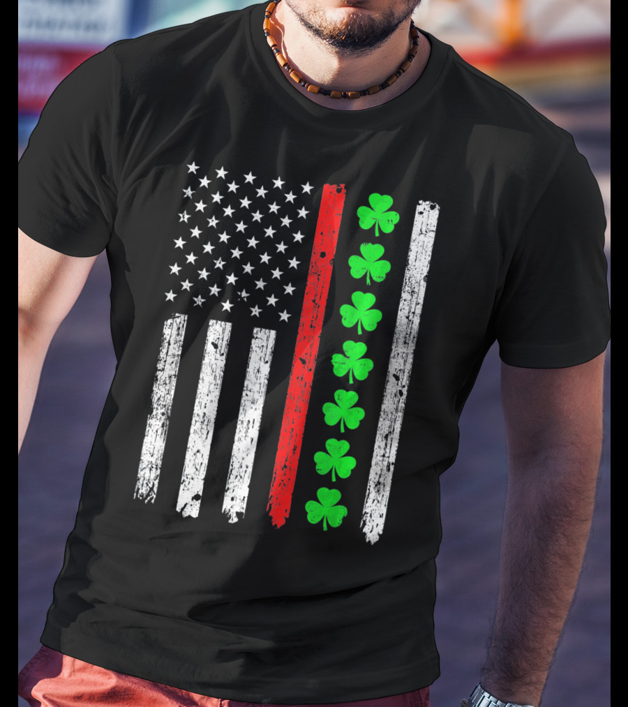 American Flag Thin Red Line Shamrock Irish St Patricks T-Shirt