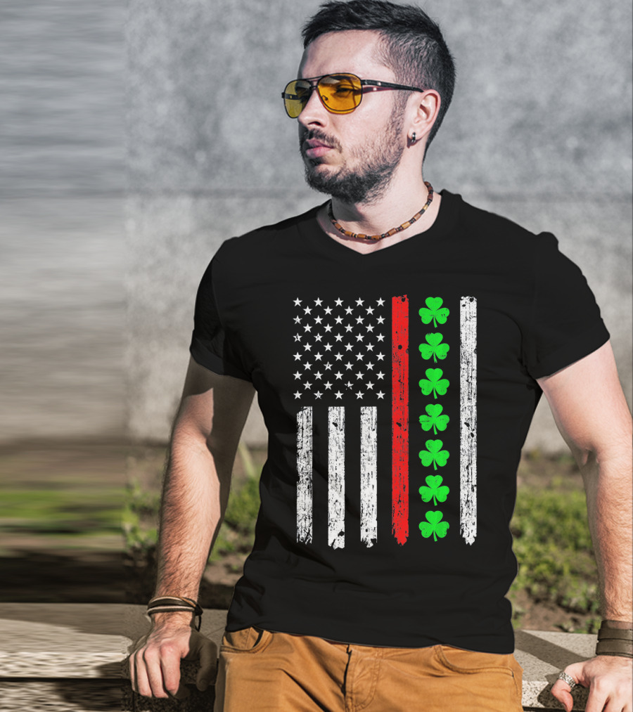 American Flag Thin Red Line Shamrock Irish St Patricks T-Shirt