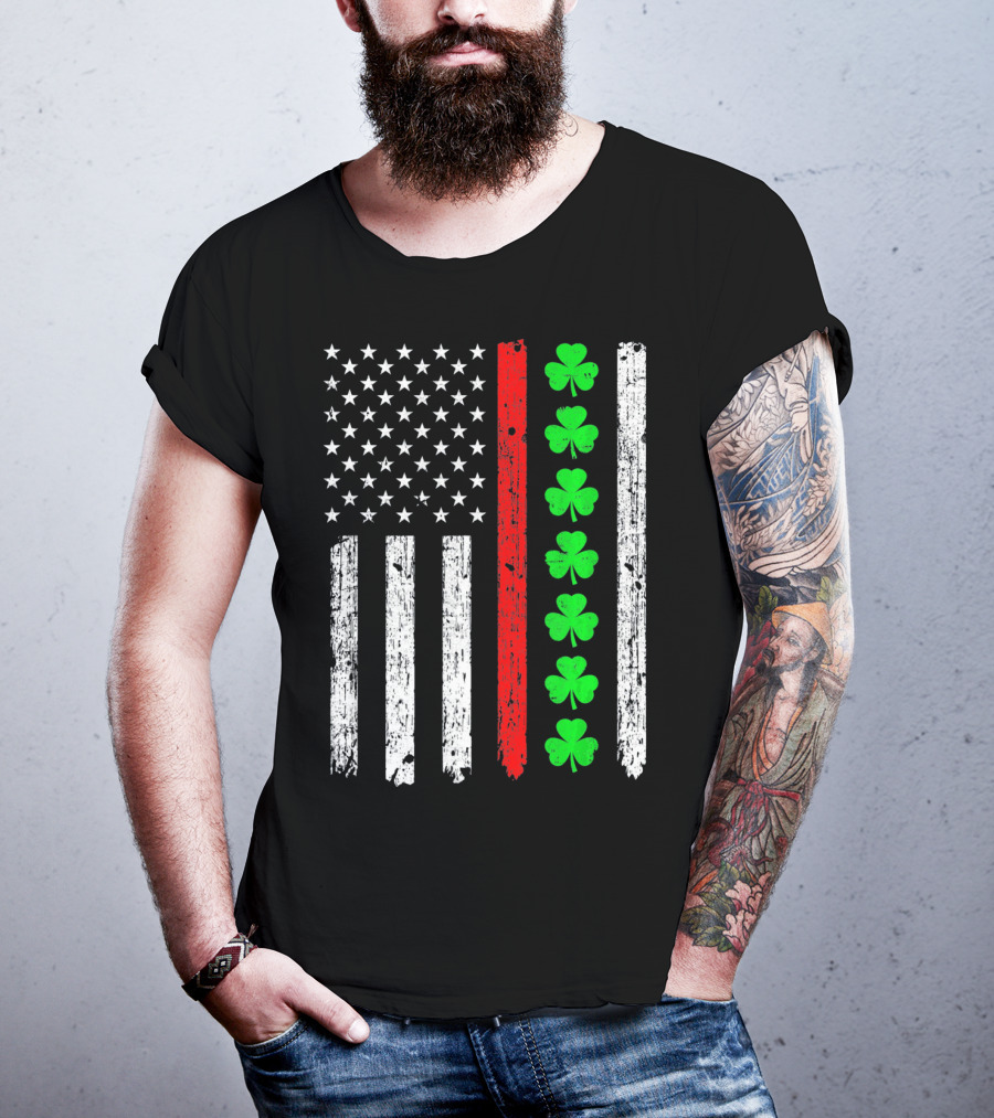 American Flag Thin Red Line Shamrock Irish St Patricks T-Shirt