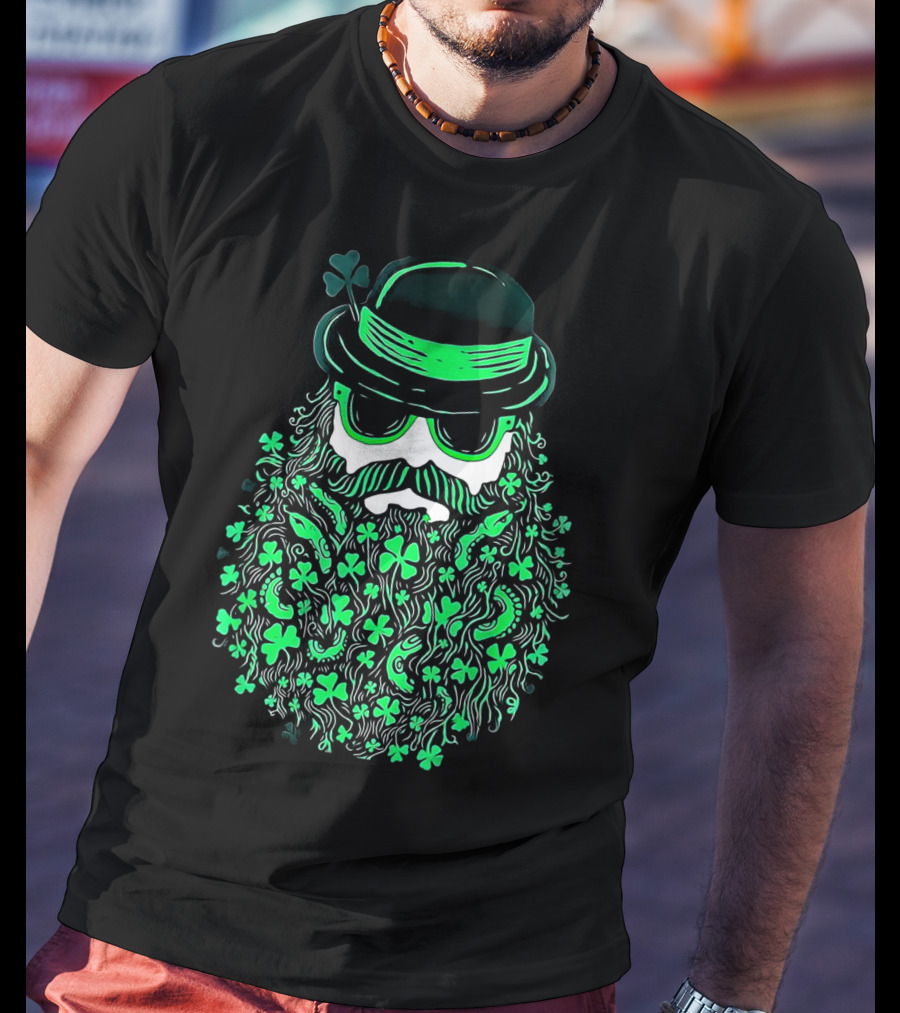 Shamrock Moustache Leprechaun St Patrick's Beard Hat Sunglasses T-Shirt