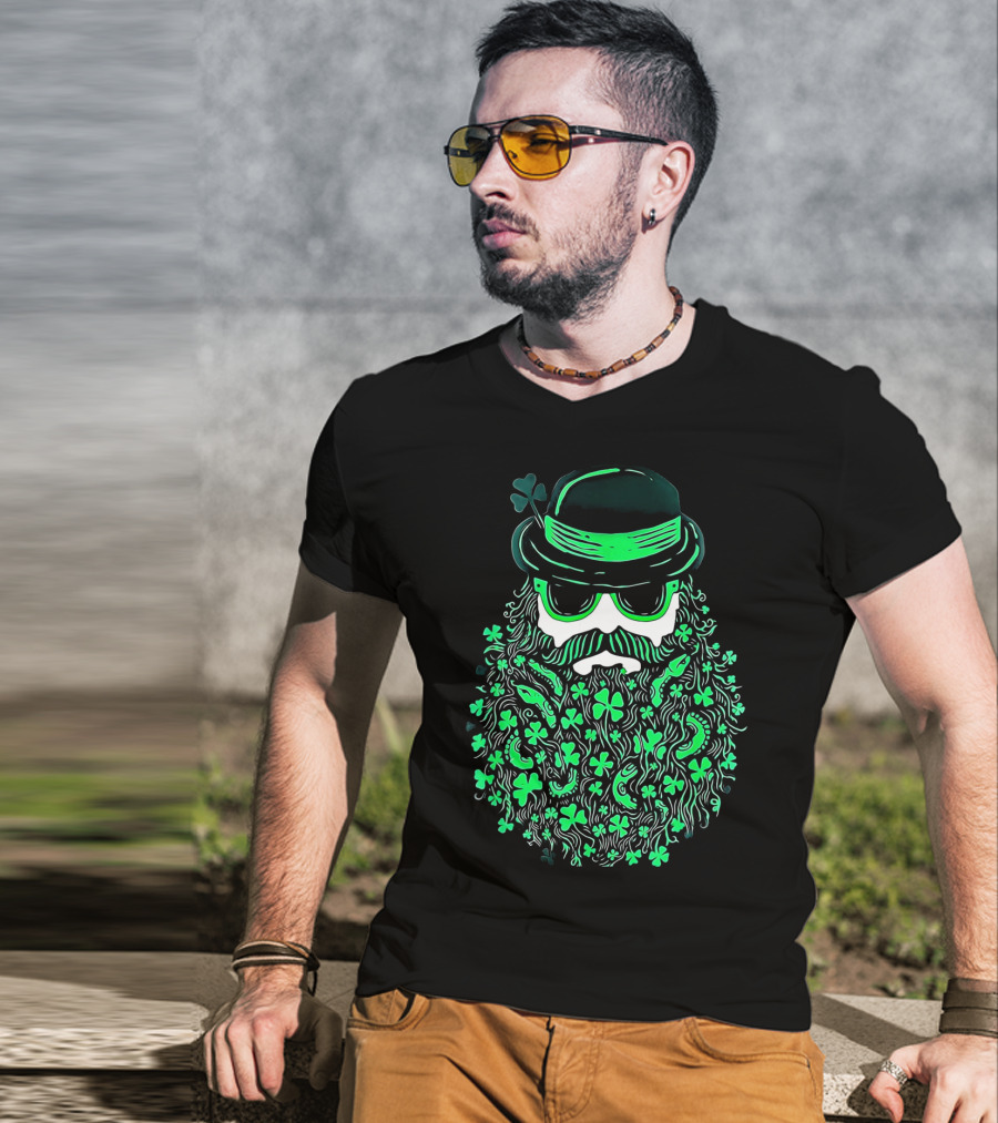 Shamrock Moustache Leprechaun St Patrick's Beard Hat Sunglasses T-Shirt