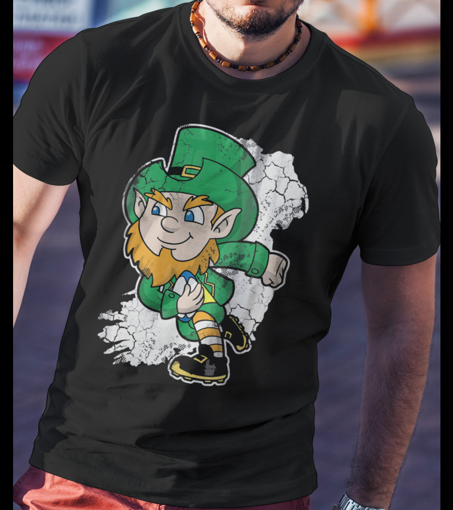 Irish Rugby Leprechaun With Rugby Ball On Cracked Background T-Shirt