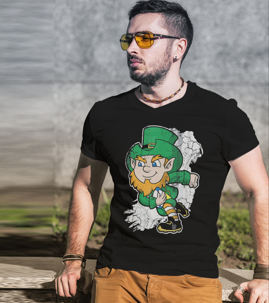 Irish Rugby Leprechaun With Rugby Ball On Cracked Background T-Shirt