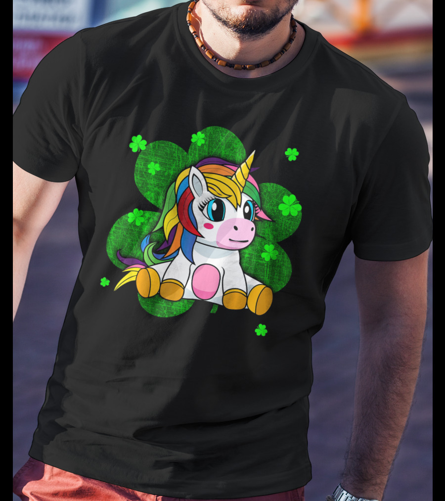 Cute Kids Unicorn Girls St Patrick Clover Rainbow T-Shirt