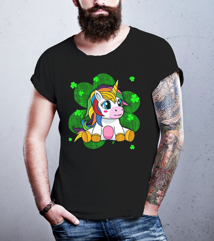 Cute Kids Unicorn Girls St Patrick Clover Rainbow T-Shirt