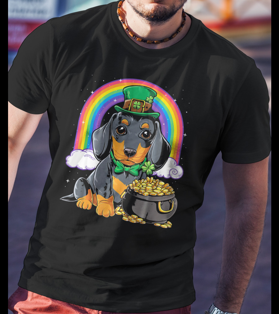 Dachshund Leprechaun Hat Rainbow Pot Of Gold T-Shirt