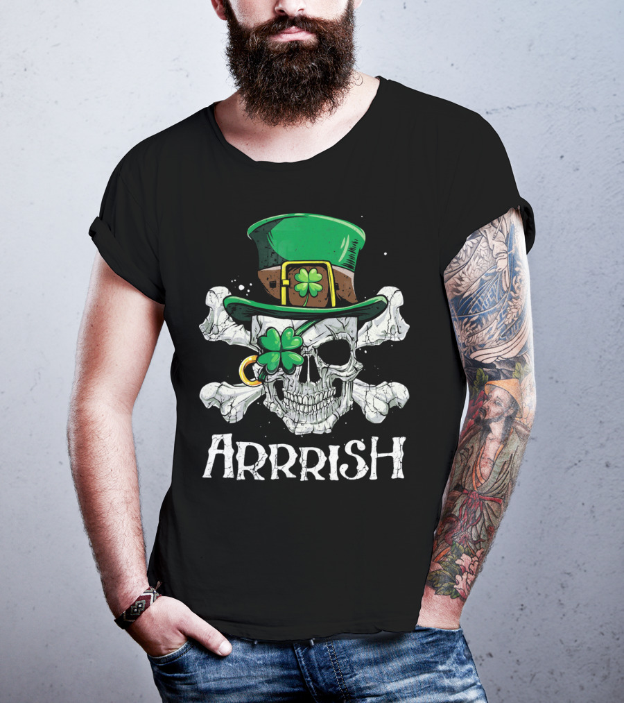 Arrrish Leprechaun Pirate Skull With Green Hat And Clover Eyepatch T-Shirt