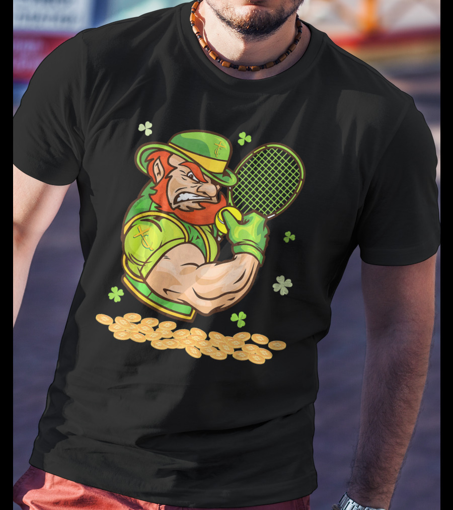 Leprechaun Playing Tennis With Shamrocks And Gold Coins T-Shirt