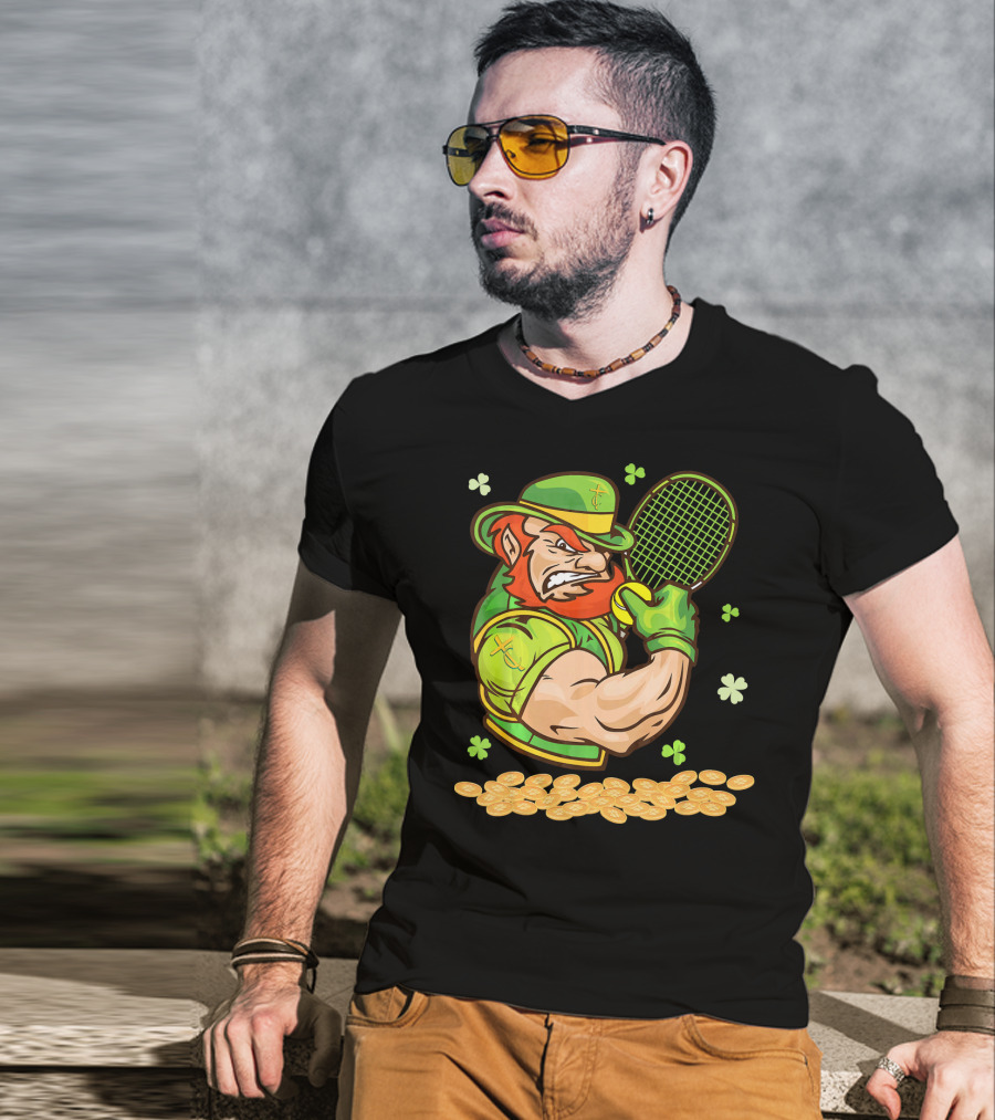 Leprechaun Playing Tennis With Shamrocks And Gold Coins T-Shirt