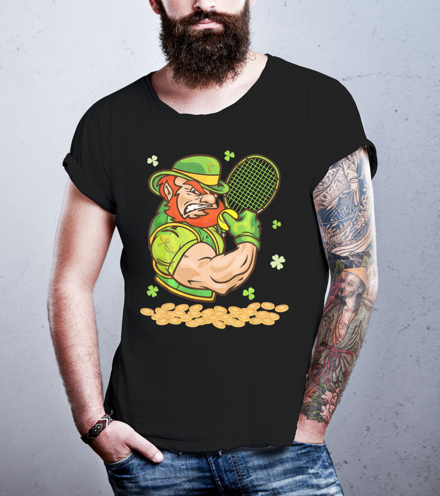 Leprechaun Playing Tennis With Shamrocks And Gold Coins T-Shirt