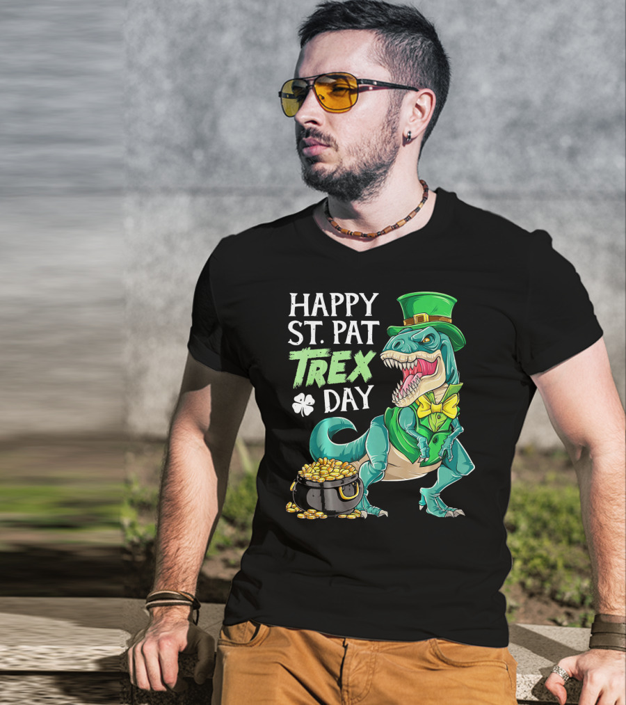 Happy St Pat Trex Day Leprechaun Dinosaur With Pot Of Gold And Clover T-Shirt
