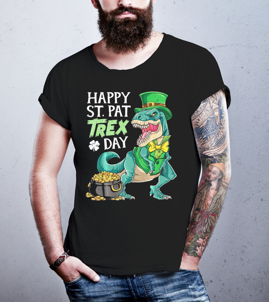 Happy St Pat Trex Day Leprechaun Dinosaur With Pot Of Gold And Clover T-Shirt