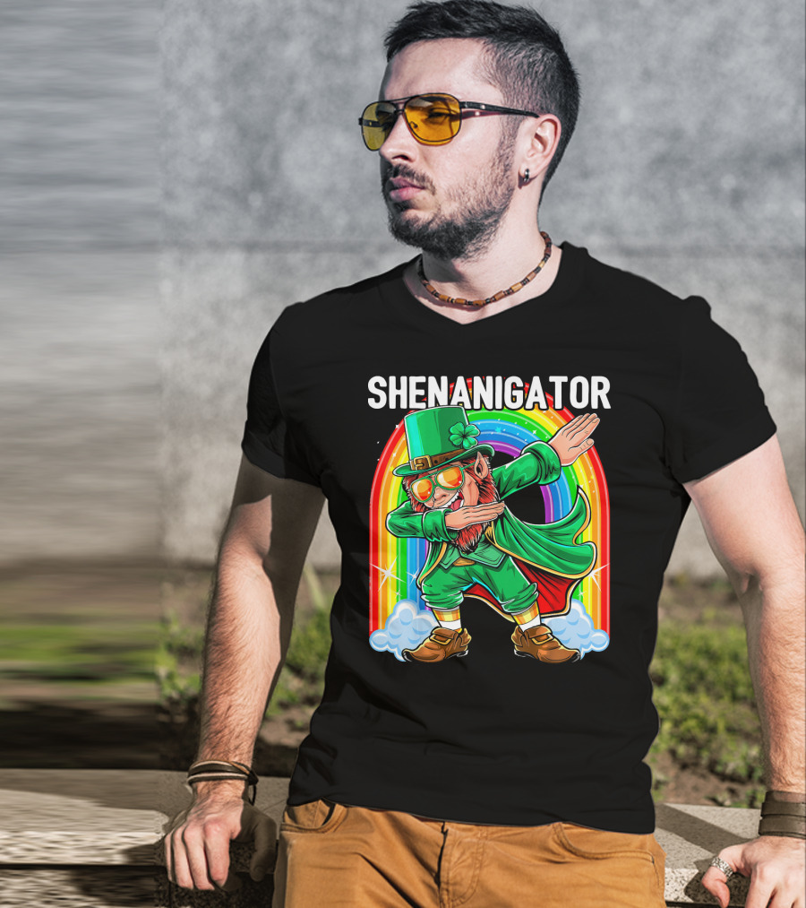 SHENANIGATOR Dabbing Leprechaun Rainbow T-Shirt