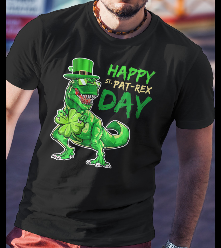 Happy St Pat Rex Day Saint Patricks Day Dinosaur With Shamrock And Green Hat T-Shirt