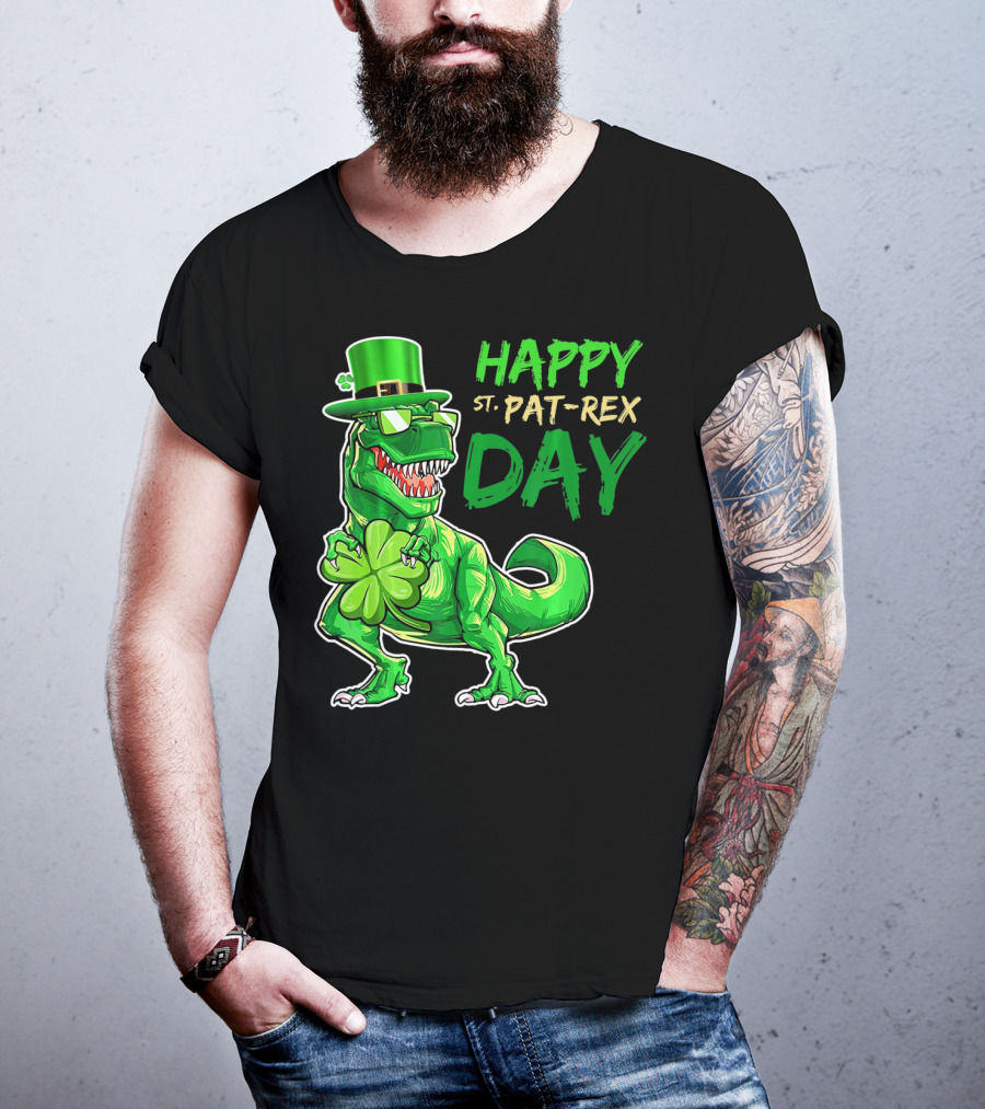 Happy St Pat Rex Day Saint Patricks Day Dinosaur With Shamrock And Green Hat T-Shirt