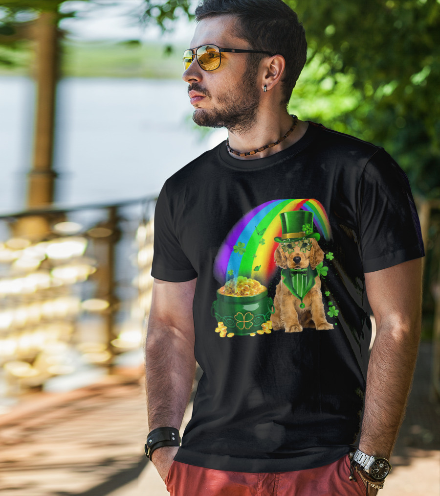 Cocker Spaniel Dog Wearing Irish Leprechaun Hat With Gold Coins And Rainbow T-Shirt