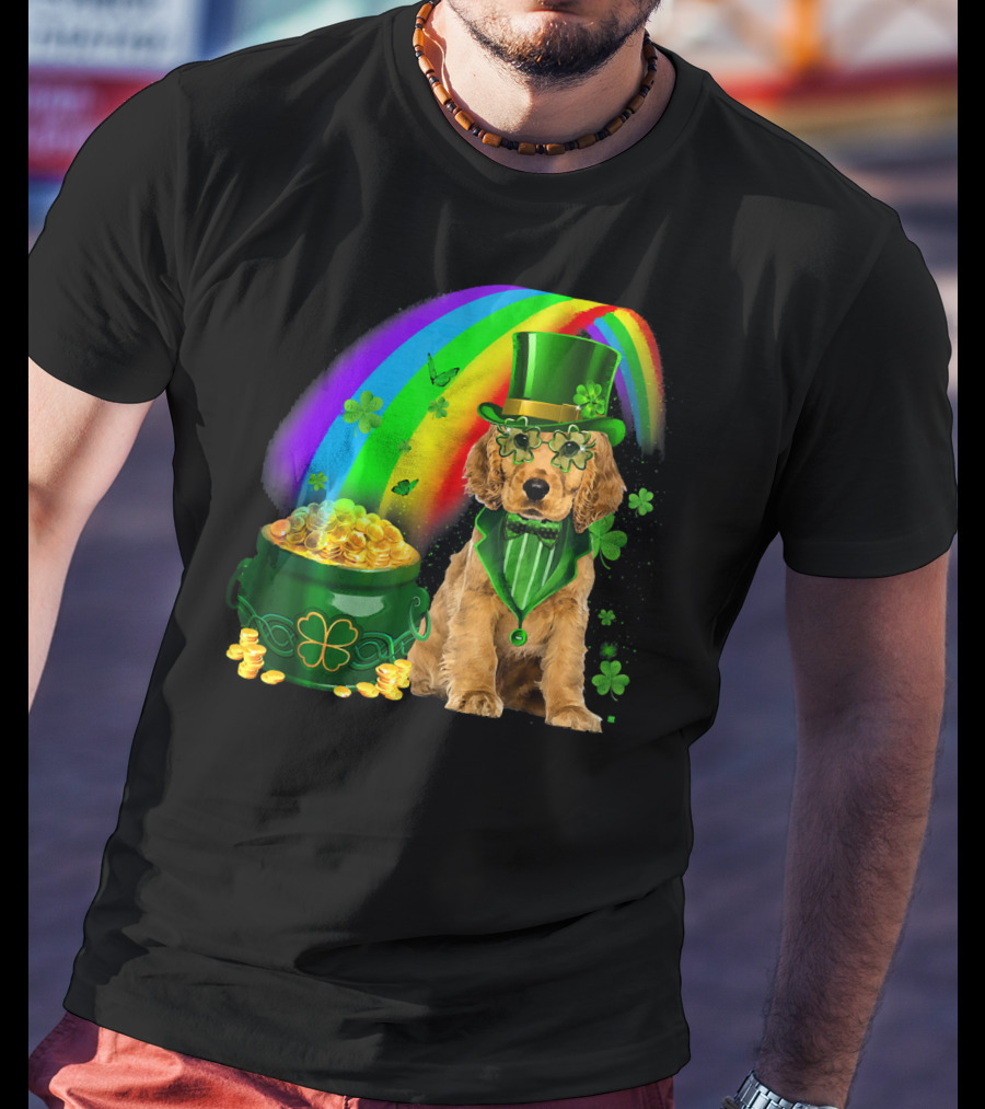 Cocker Spaniel Dog Wearing Irish Leprechaun Hat With Gold Coins And Rainbow T-Shirt