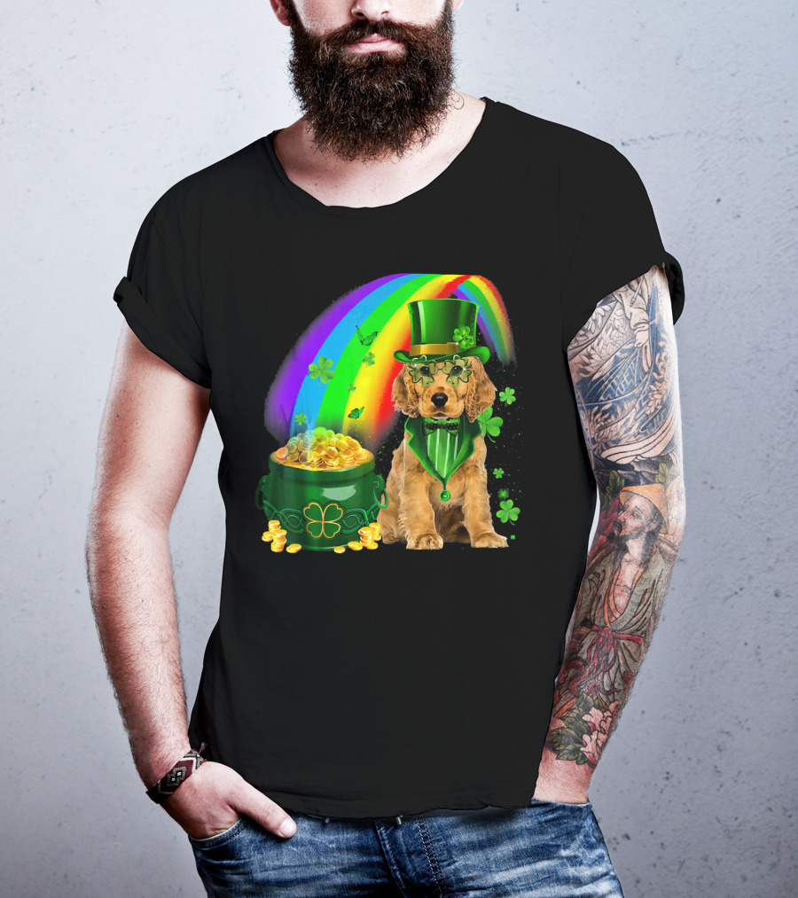 Cocker Spaniel Dog Wearing Irish Leprechaun Hat With Gold Coins And Rainbow T-Shirt