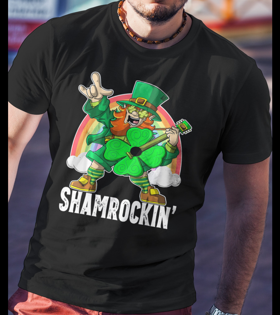 Shamrockin' Leprechaun Rainbow Guitar T-Shirt