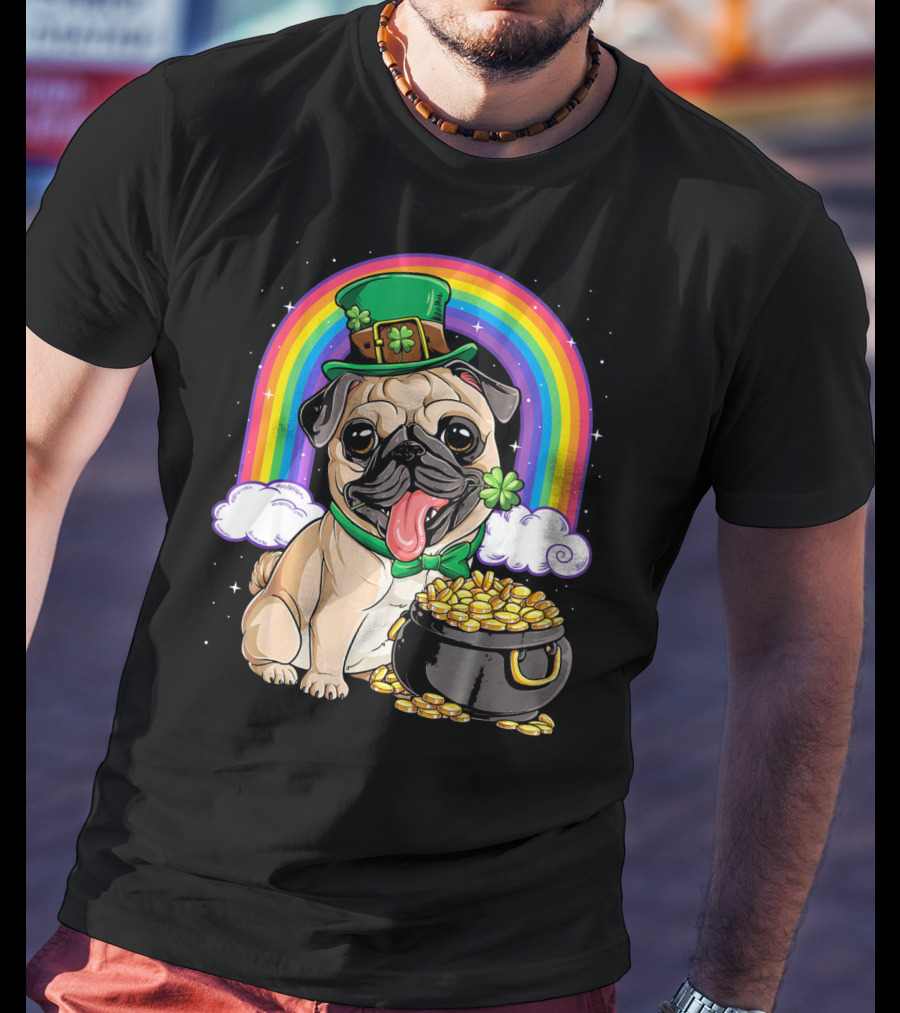 Pug St Patricks Day Boys Men Lep Leprechaun Hat Rainbow Pot Of Gold T-Shirt